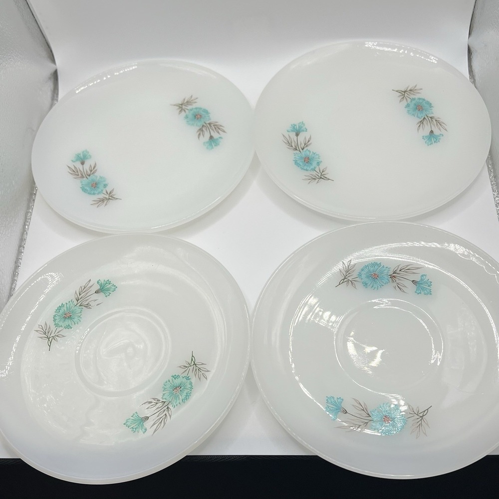 Set Of 4 Vintage Fire King Bonnie Blue Floral Saucer Plate Teal Flower MCM White - Picture 6 of 8